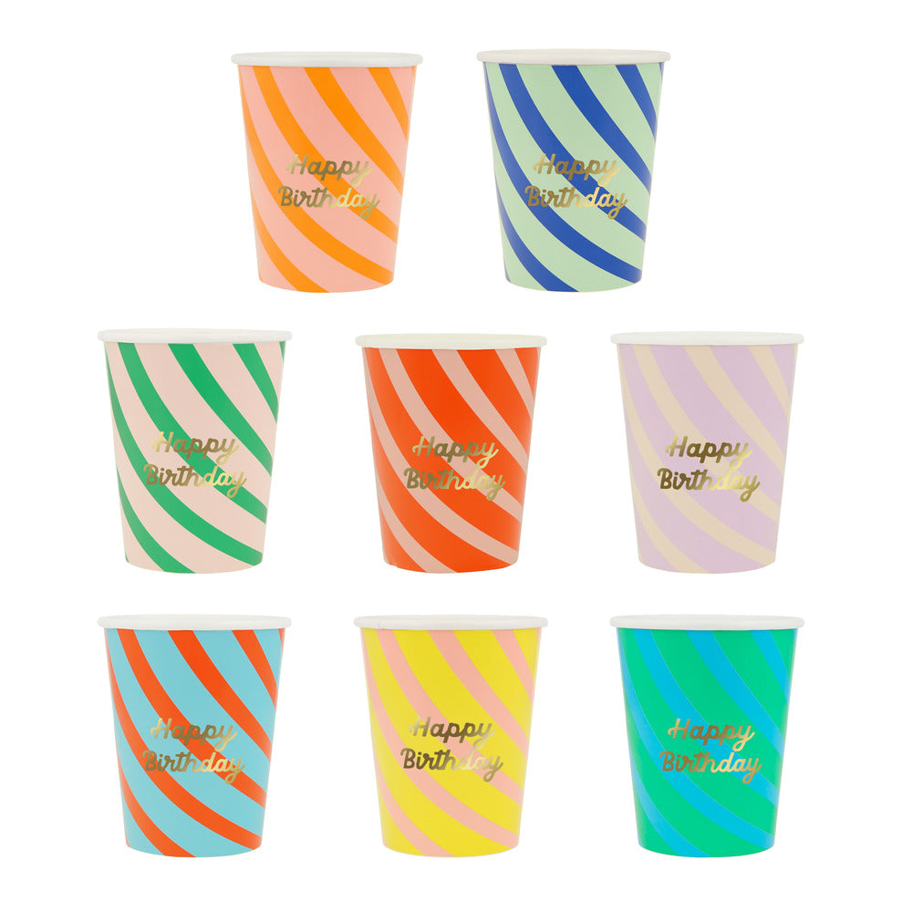 Vasos Happy Birthday y rayas