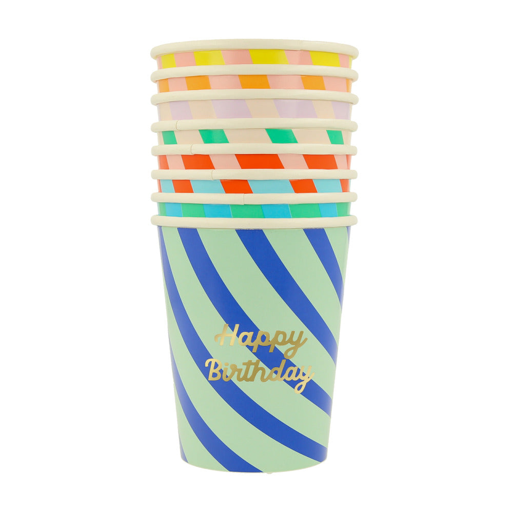 Vasos Happy Birthday y rayas