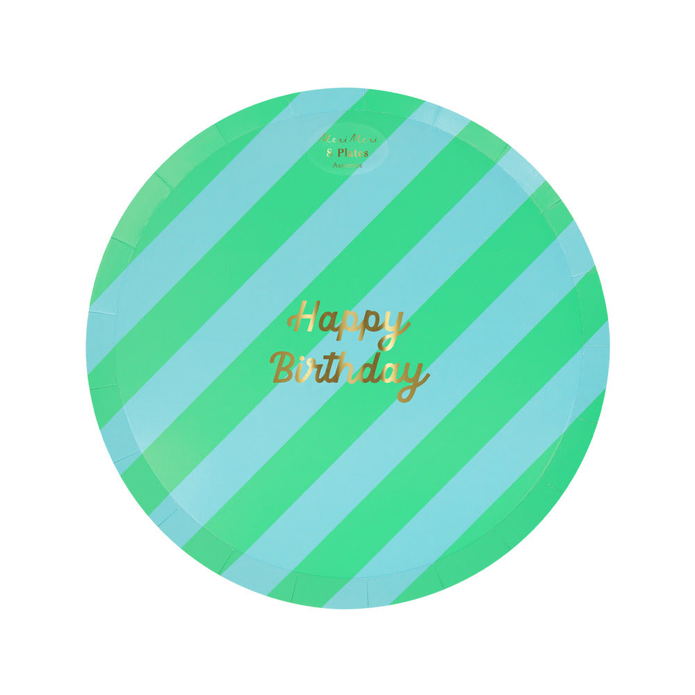 Platos Happy Birthday y rayas - medianos