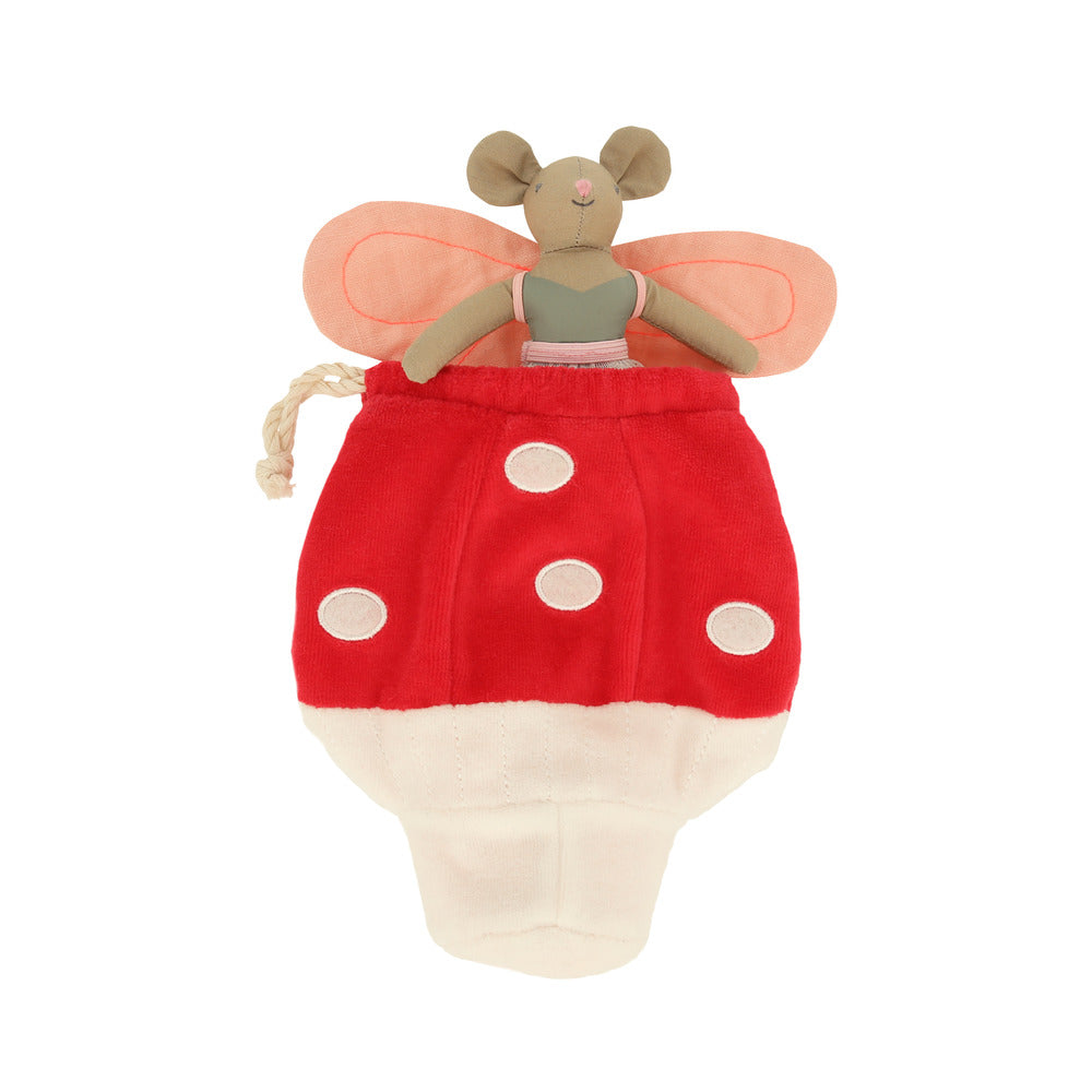 Mini muñeco raton hada en saquito de hongo