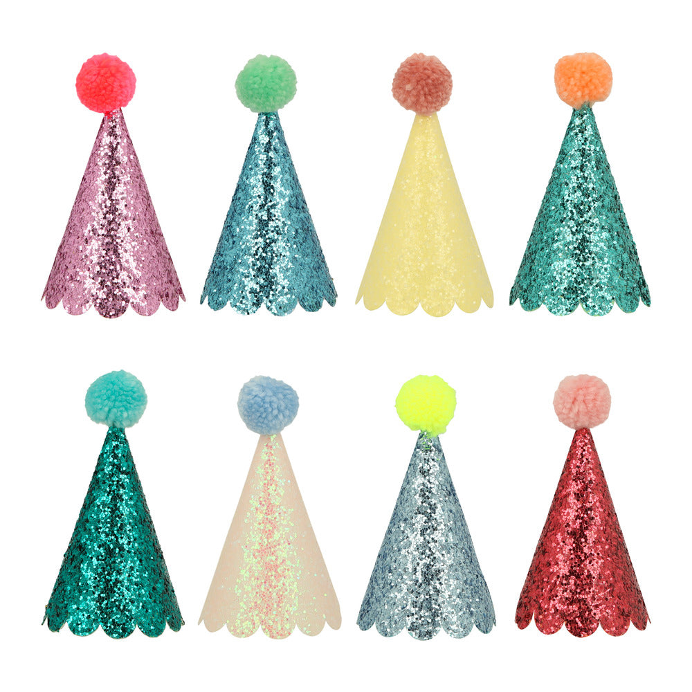 Mini gorros de cumpleaños - glitter con pompones