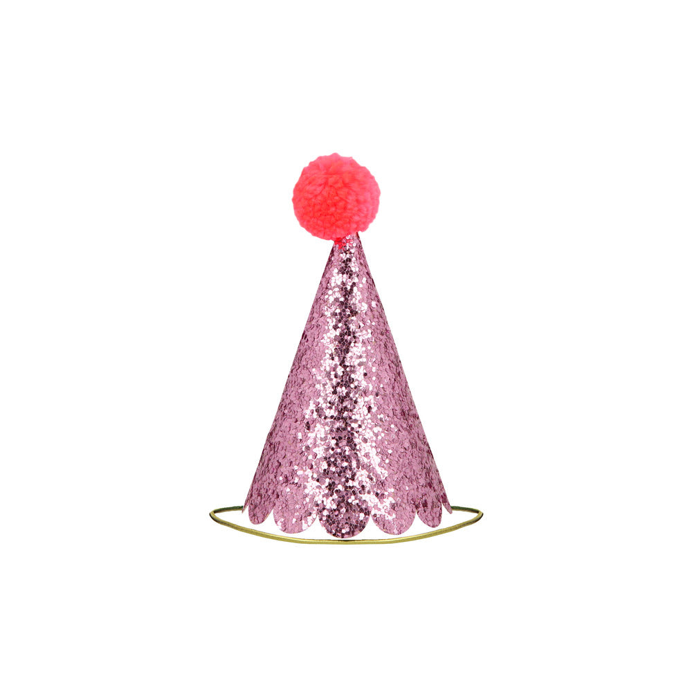 Mini gorros de cumpleaños - glitter con pompones