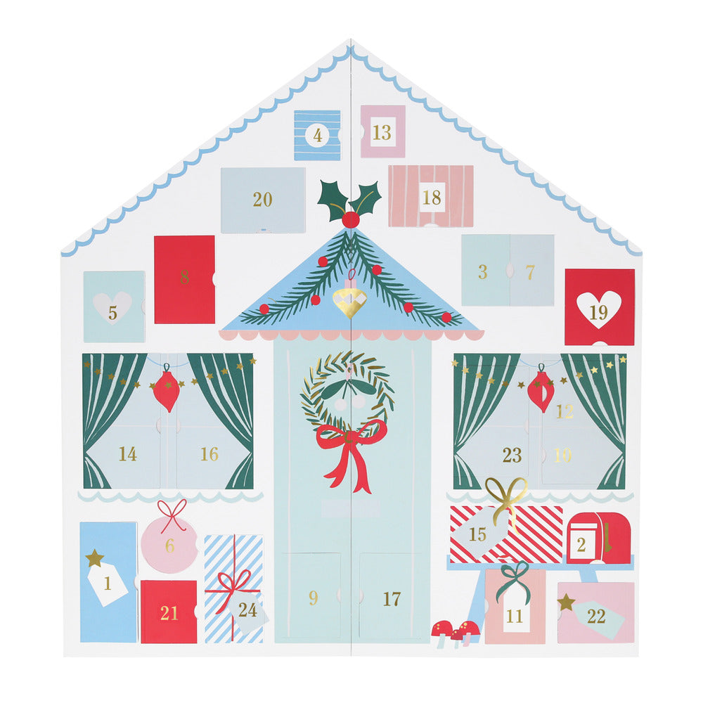 Calendario de Adviento - cabaña de Santa con stickers