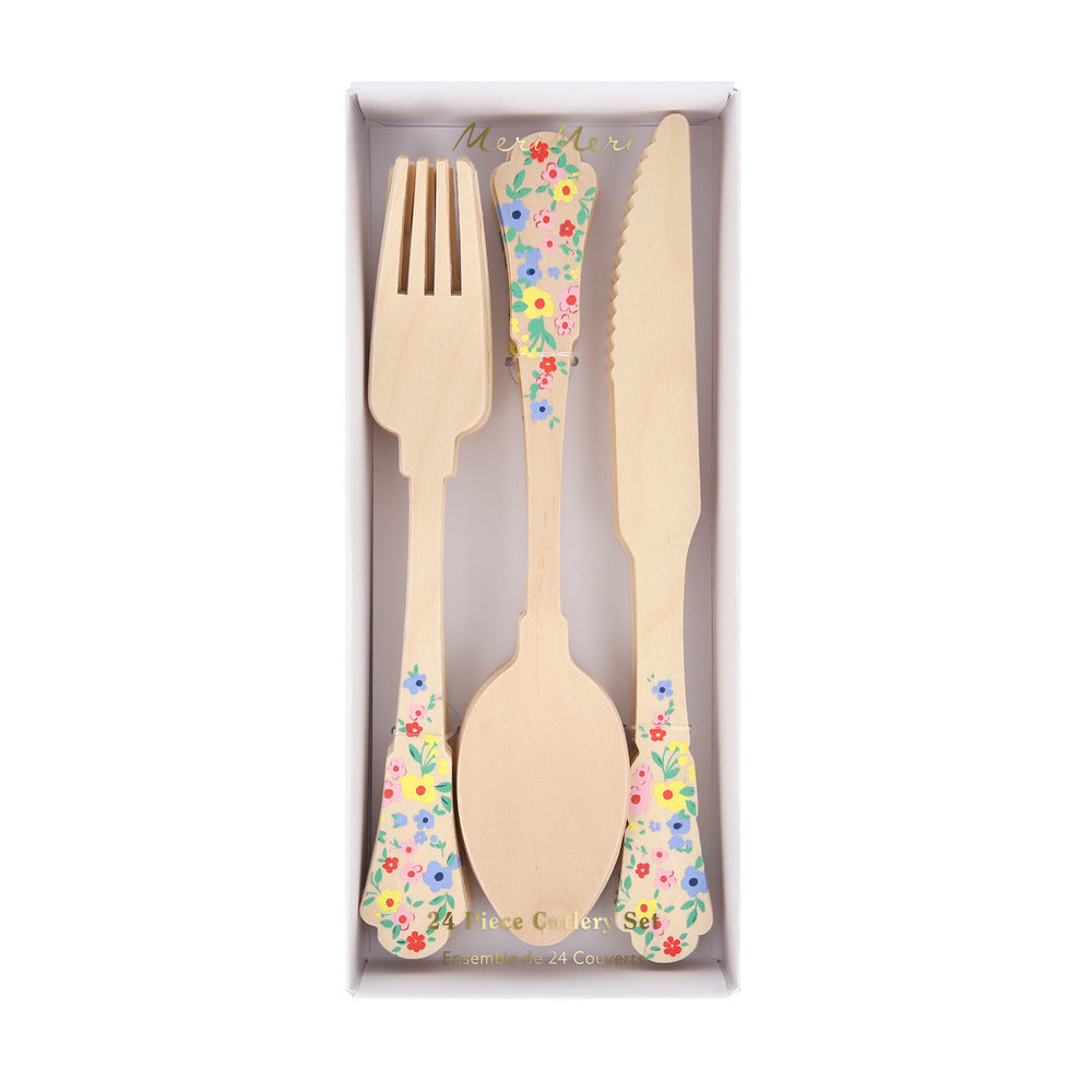 Set cubiertos elegantes de madera - flores