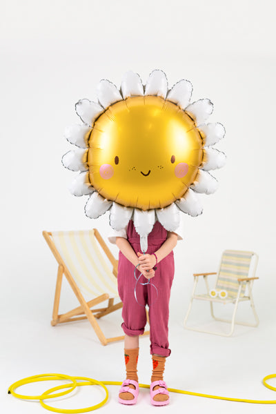 Globo metalizado - flor con carita y pétalos blancos
