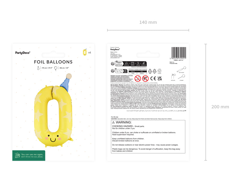 Globo metalizado 0 con carita - 86cm amarillo