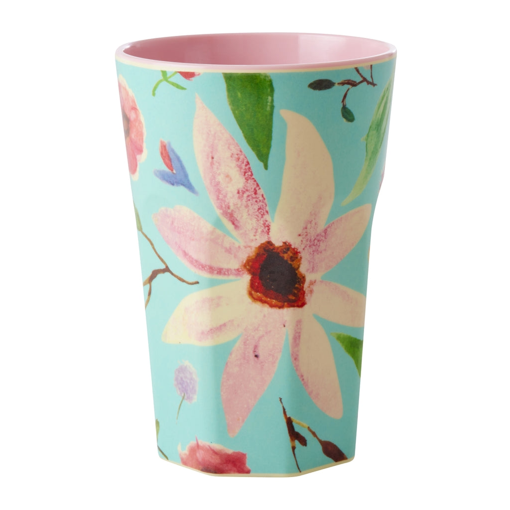 Vaso de melamina alto - flores grandes sobre turquesa