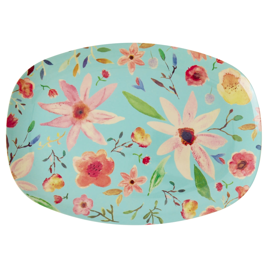Plato de melamina rectangular - flores grandes sobre turquesa
