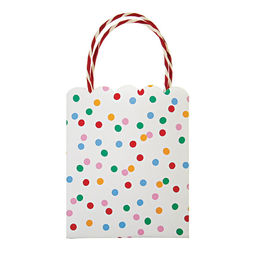 Estas bolsas son el complemento perfecto para tu fiesta ! Con diseño de puntos multicolores (rojo, amarillo, naranjo, azul, verde, rosado), de la línea Toot Sweet de Meri Meri. Super combinables y unisex, estas bolsitas son geniales para fiestas de cumpleaños de niños y niñas. La línea Toot Sweet de Meri Meri se caracteriza porque permite que todos sus diseños se combinen entre si, para formar mezclas únicas de colores y presentaciones !