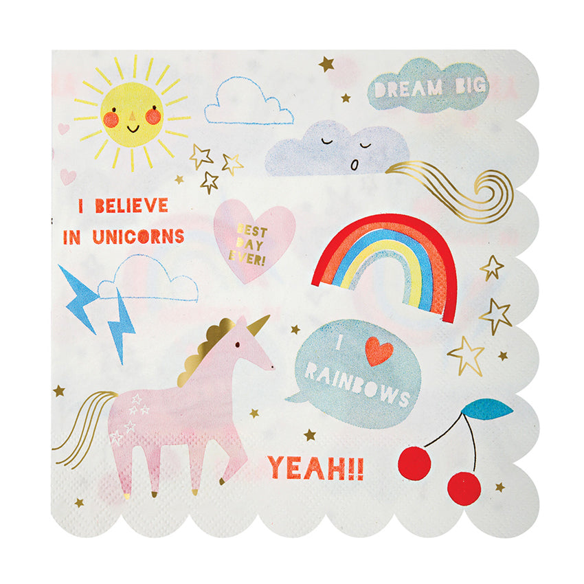 Estas servilletas con diseño de arcoiris, unicornios y muchas cosas lindas de la línea Arcoiris y Unicornios de Meri Meri, harán soñar a cualquier niñita ! Con colores muy luminosos, son súper combinables e ideales para alegrar la fiesta