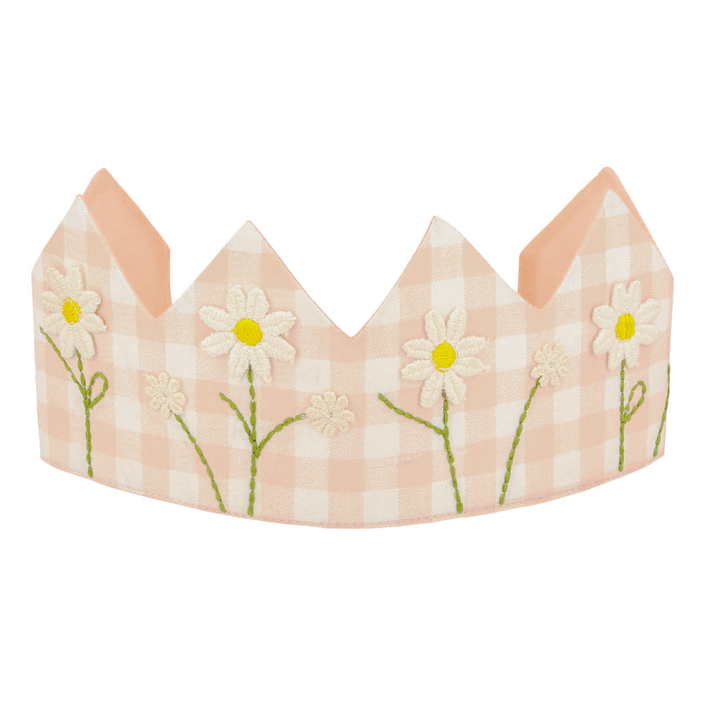 Corona cuadrillé con flores bordadas