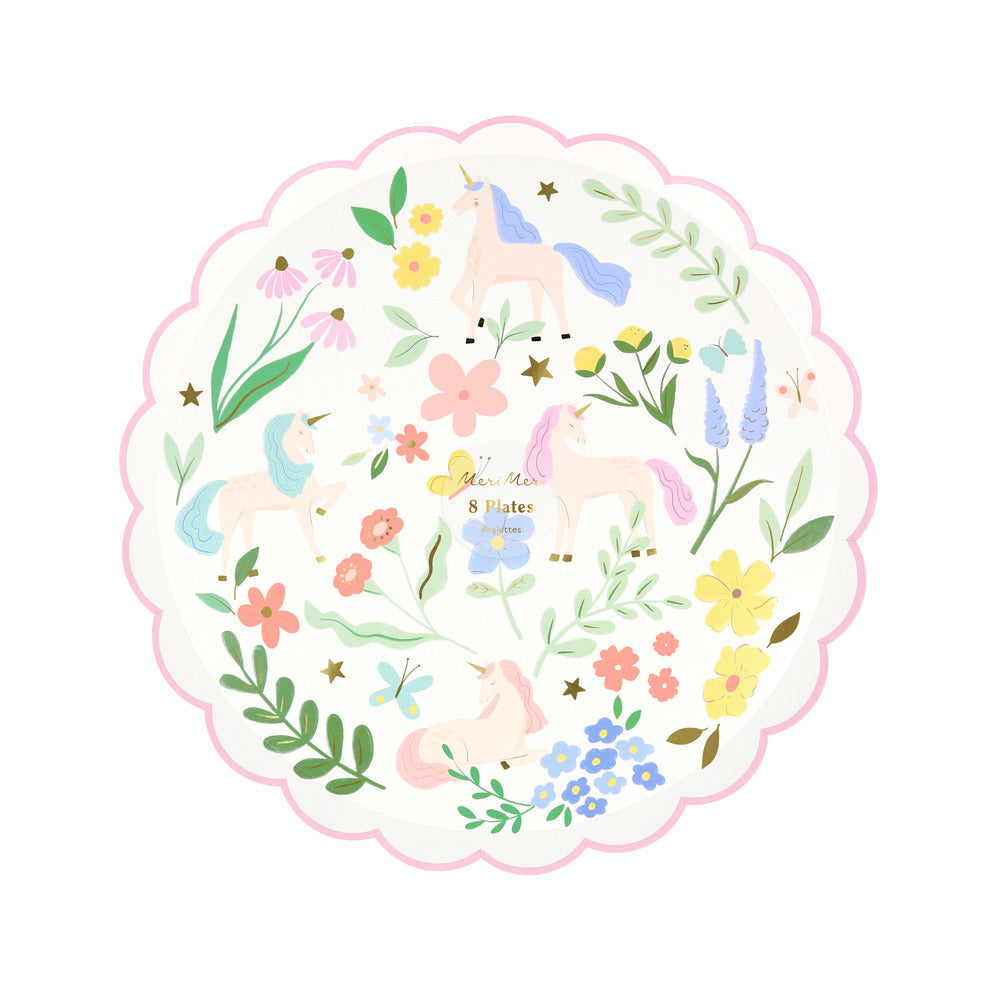 Platos unicornio con flores - medianos