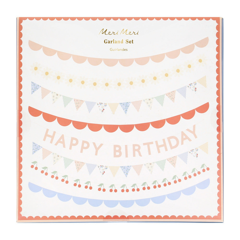 Set de guirnaldas - Happy Birthday, flores y cerezas