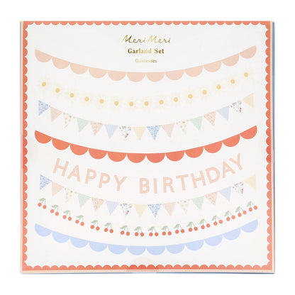 Set de guirnaldas - Happy Birthday, flores y cerezas
