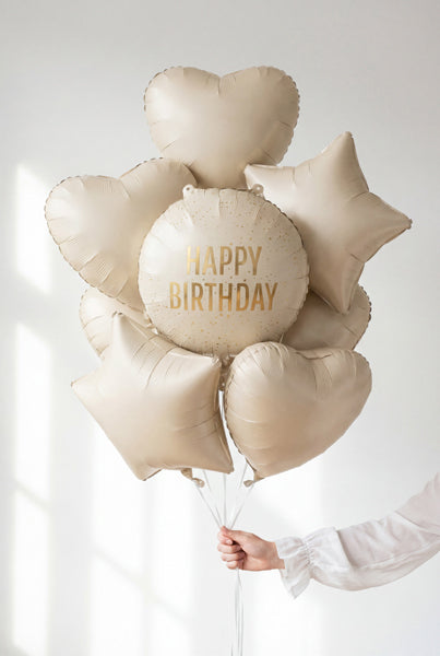 Globo metalizado redondo - Happy Birthday crema