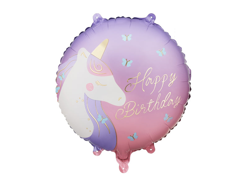 Globo metalizado redondo - unicornio Happy Birthday