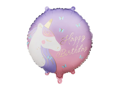 Globo metalizado redondo - unicornio Happy Birthday