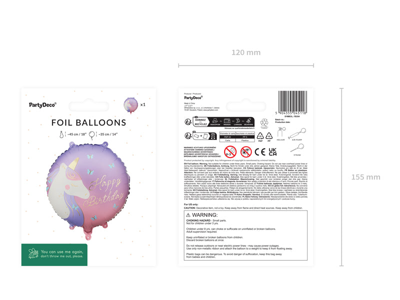Globo metalizado redondo - unicornio Happy Birthday