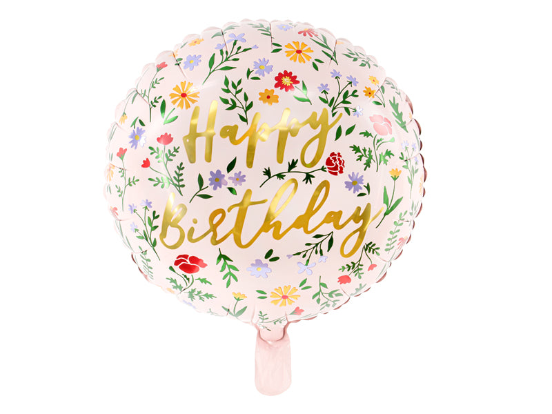 Globo metalizado redondo - flores Happy Birthday