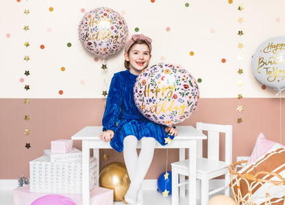 Globo metalizado redondo - flores Happy Birthday