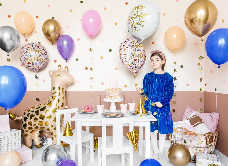 Globo metalizado redondo - flores Happy Birthday