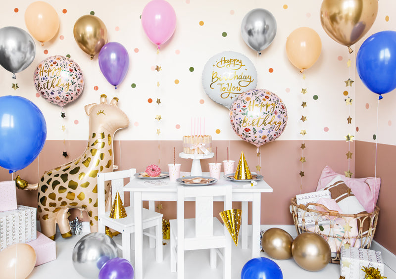 Globo metalizado redondo - flores Happy Birthday