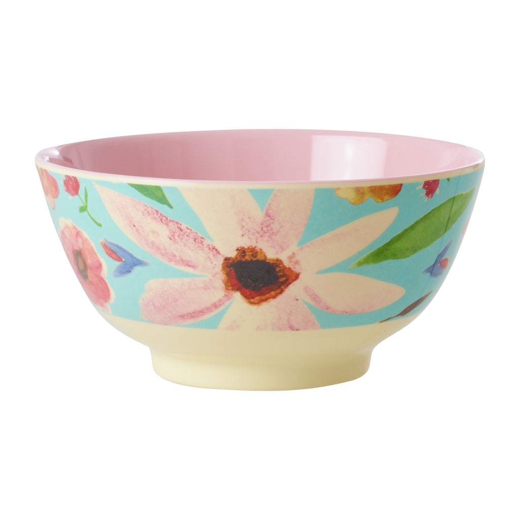 Bowl de melamina mediano - flores grande sobre  turquesa