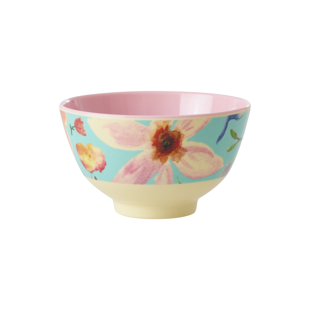 Bowl de melamina pequeño - flores grande sobre  turquesa