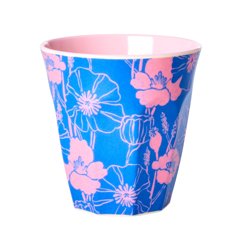 Vaso de melamina - amapolas rosadas sobre fondo azul