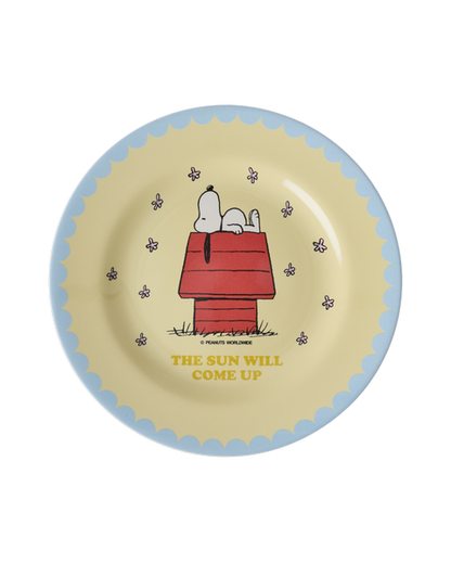 Plato de melamina redondo - amarillo con Snoopy en su casita