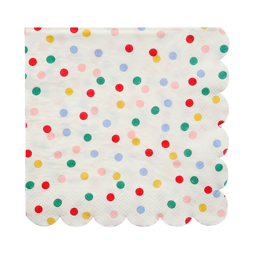 Pack de 20 servilletas grandes de 3 capas con diseño de puntos multicolores (rojo, amarillo, naranjo, azul, verde, rosado), de la línea Toot Sweet de Meri Meri.  Super combinables y unisex, estos vasos son geniales para fiestas de cumpleaños de niños y niñas.  La línea Toot Sweet de Meri Meri se caracteriza porque permite que todos sus diseños se combinen entre si, para formar mezclas únicas de colores y presentaciones !