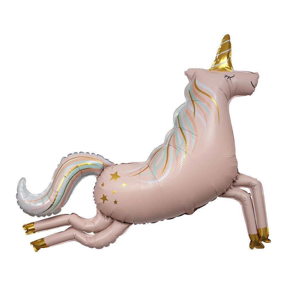 Ilumina tu fiesta com este globo con forma de unicornio mágico de Meri Meri ! De un increíble color rosado pálido, tiene detalles en dorado, blanco y verde menta.   Y es gigante ! Mide 1mt inflado. Para un efecto más espectacular, te recomendamos inflarlo con helio. 