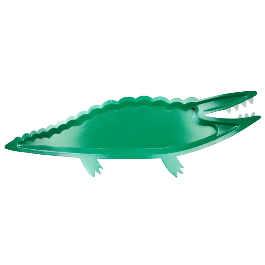 Estos platos con forma de cocodrilo son ultragrandes, ideales como base para servir comida en tu próxima celebración ! Son de folia verde, brillantes, alegres y divertidos. Los amarás !