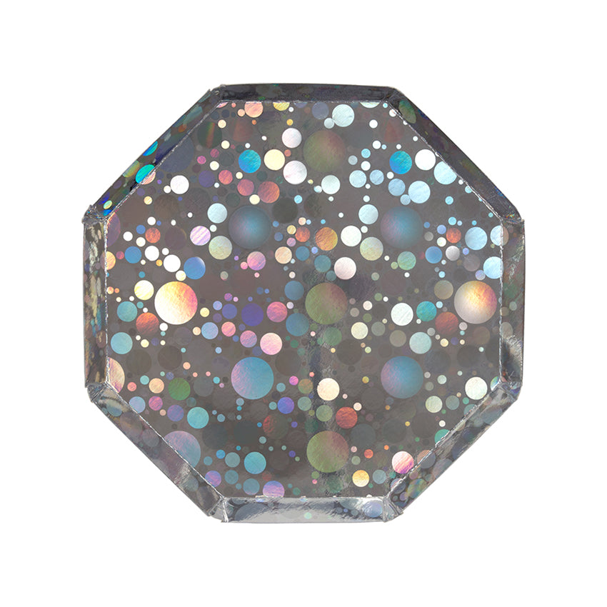 Estos platos con un diseño de burbujas holográficas de Meri Meri, son el complemento perfecto para cualquier fiesta ! Con destellos rosados, celestes y plateados, combinan con todo !