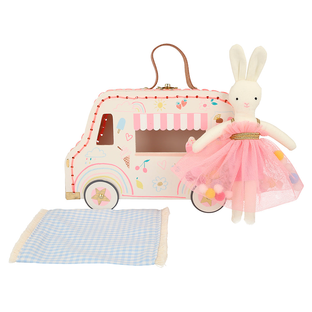 Maleta con muñeco - coneja en su carrito de helados