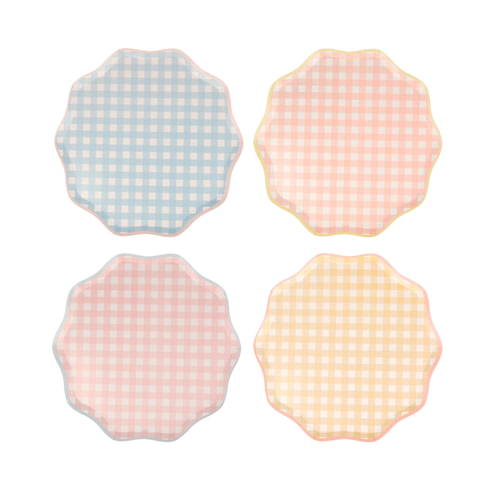 Platos cuadrillé pastel 4 colores - medianos 21.6 cm