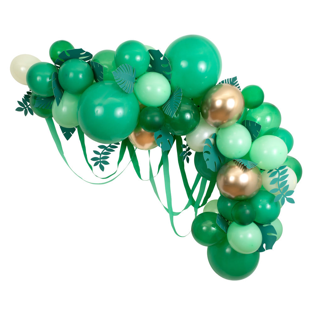 Guirnalda de globos verde con hojas y tiritas