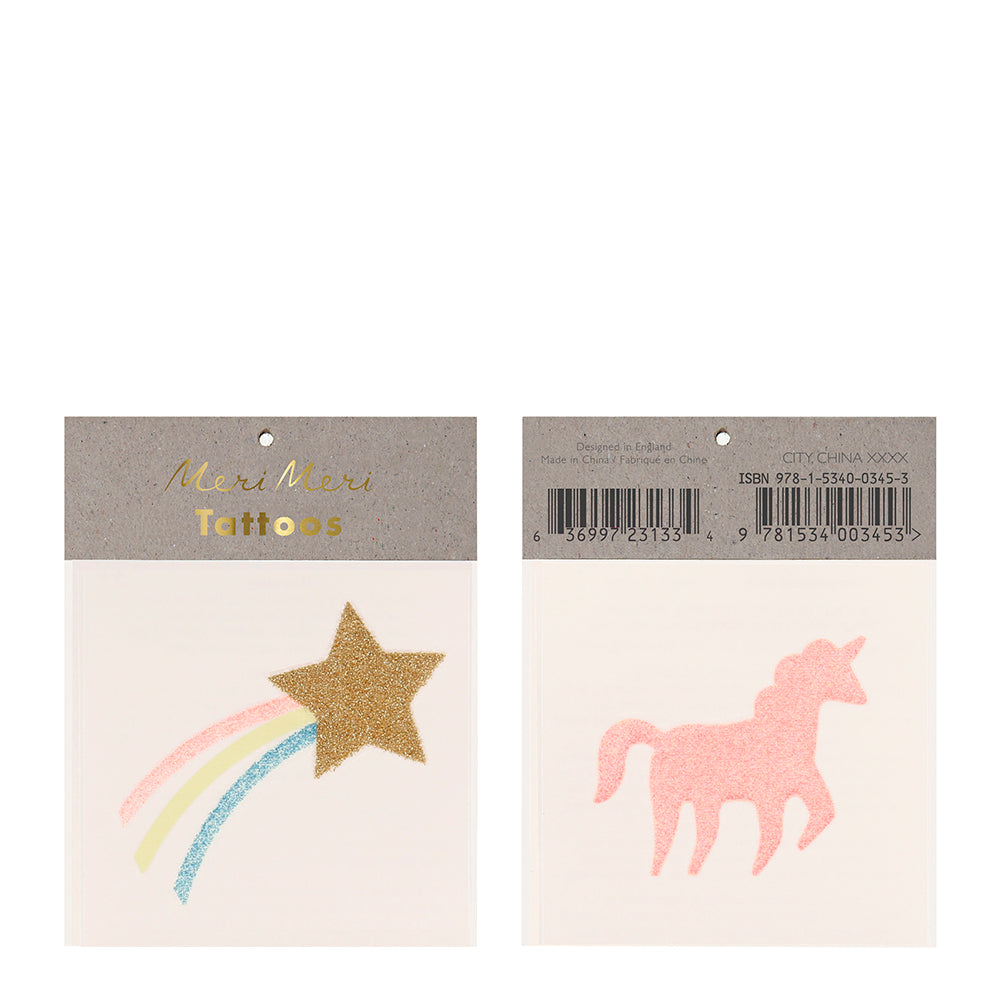 Tatuajes pequeños - estrella y unicornio glitter