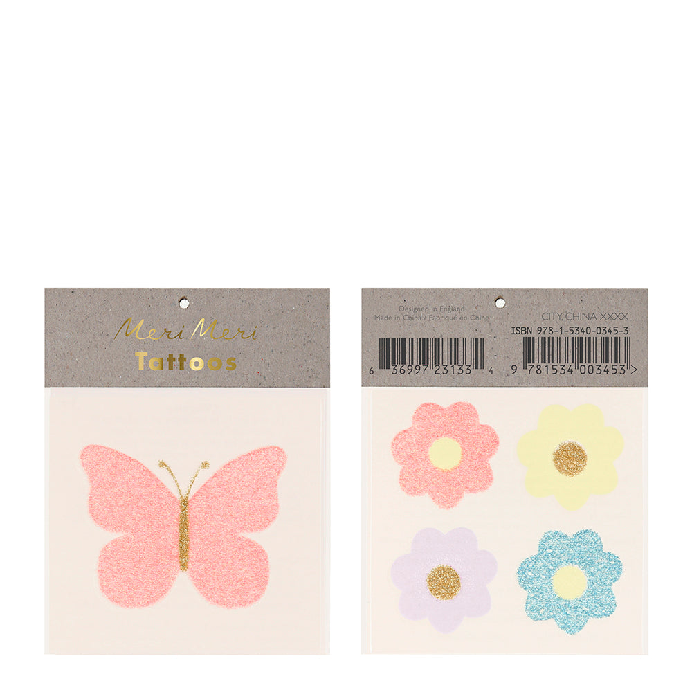 Tatuajes pequeños - flores y mariposa glitter