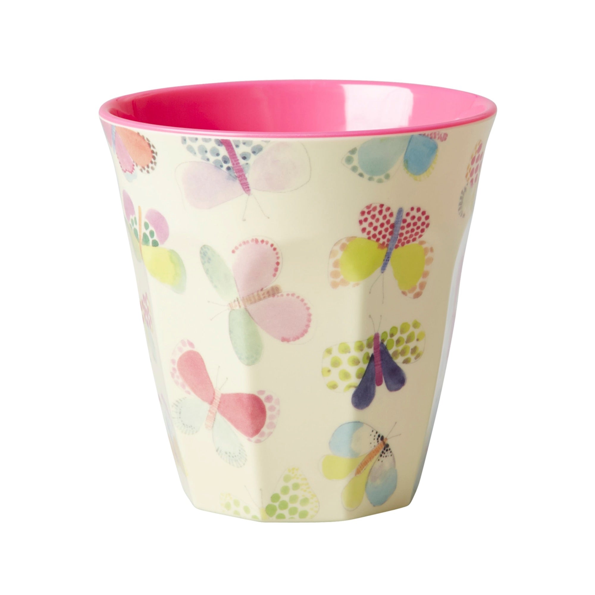 Vaso de melamina - mariposas multicolores con interior fucsia